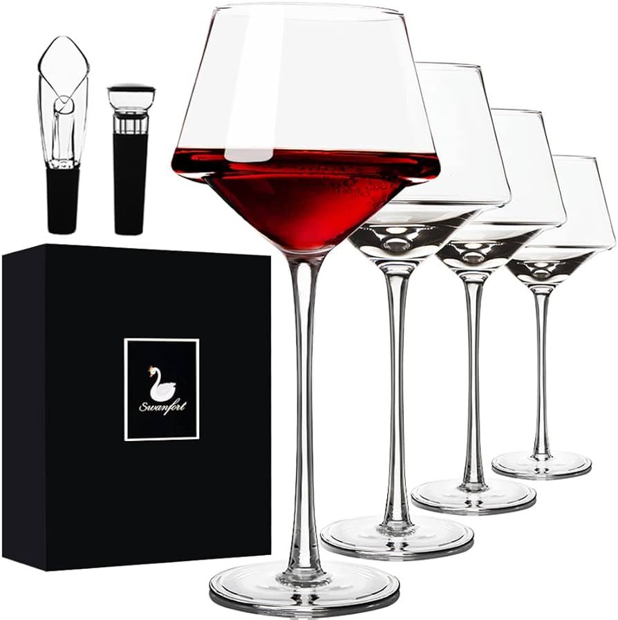 Red Wine Glasses Set of 4 with Wine Aerator Pourer and Vacuum Wine Stopper Hand Blown Crystal Win... | Amazon (US)