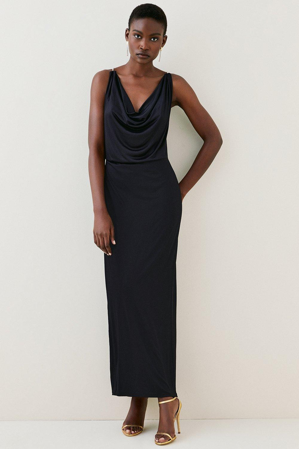 Slinky Cowl Neck Diamante Jersey Maxi Dress | Karen Millen UK + IE + DE + NL
