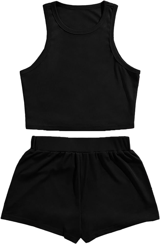Verdusa Women's 2 Piece Outfit Sleeveless Crop Tank Top and Shorts Tracksuit Set | Amazon (US)