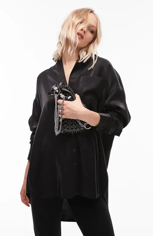 Topshop Oversize Satin Button-Up Shirt in Black at Nordstrom, Size 4 Us | Nordstrom