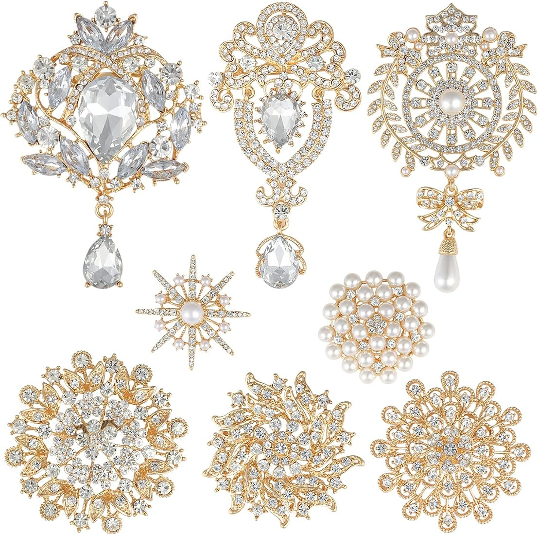 8 Pack Plated Assorted Crystal Rhinestones Brooch Pins Set for DIY Wedding Party Bouquets Embelli... | Amazon (US)