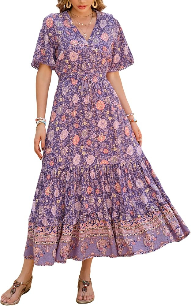 R.Vivimos Womens Summer V Neck Floral Print Boho Midi Dress | Amazon (US)
