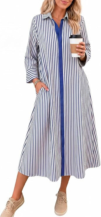 Wenrine Womens Summer Striped Shirt Dress 3/4 Sleeve Button Down Dresses | Collared,Casual,V Neck... | Amazon (US)