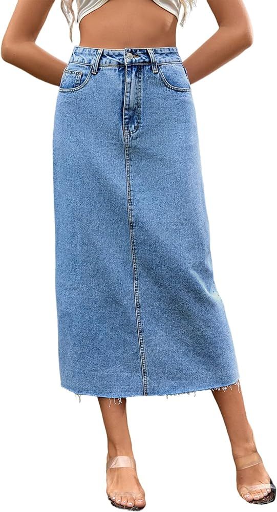 Long Denim Skirts for Women Maxi Paperbag High Waist Frayed Raw Hem A line Flare Jean Skirt with ... | Amazon (US)