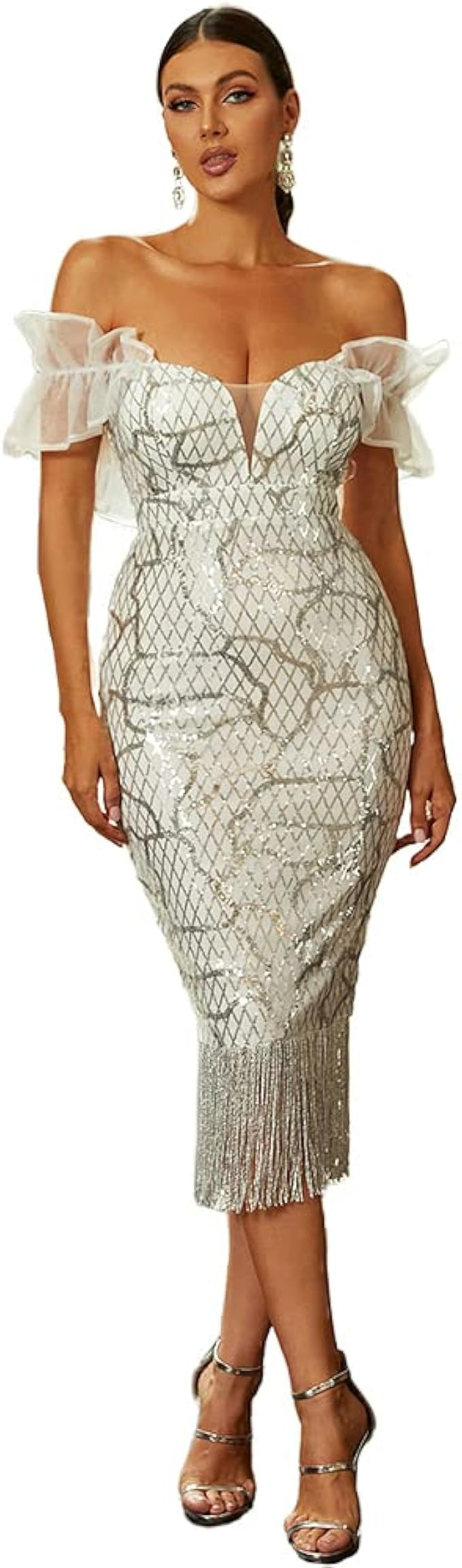 Lin Lin Q Women’s Sexy Off Shoulder Sequin Fringe Midi Prom Dress, Bodycon Short Ruffle Sleeve ... | Amazon (US)