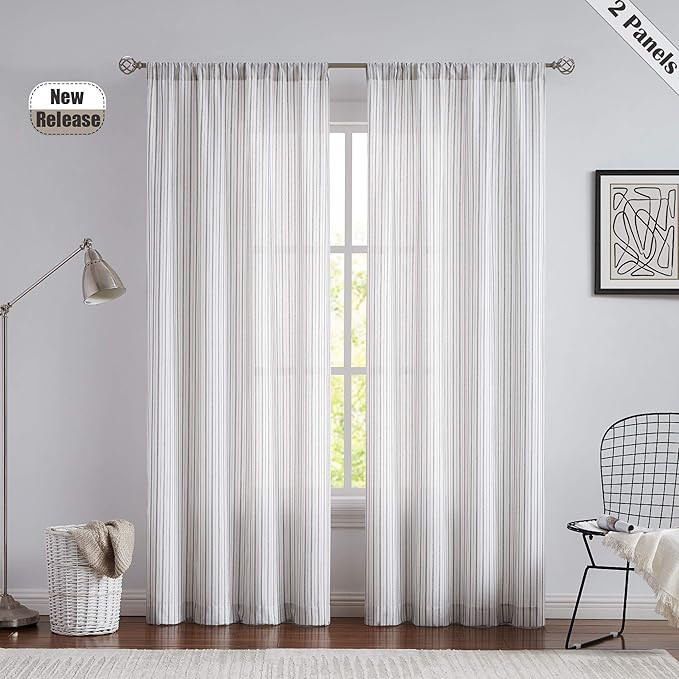 SXZJTEX Black and White Pinstripe Linen Textured Semi Sheer Curtains, 95 Inches Long Farmhouse St... | Amazon (US)