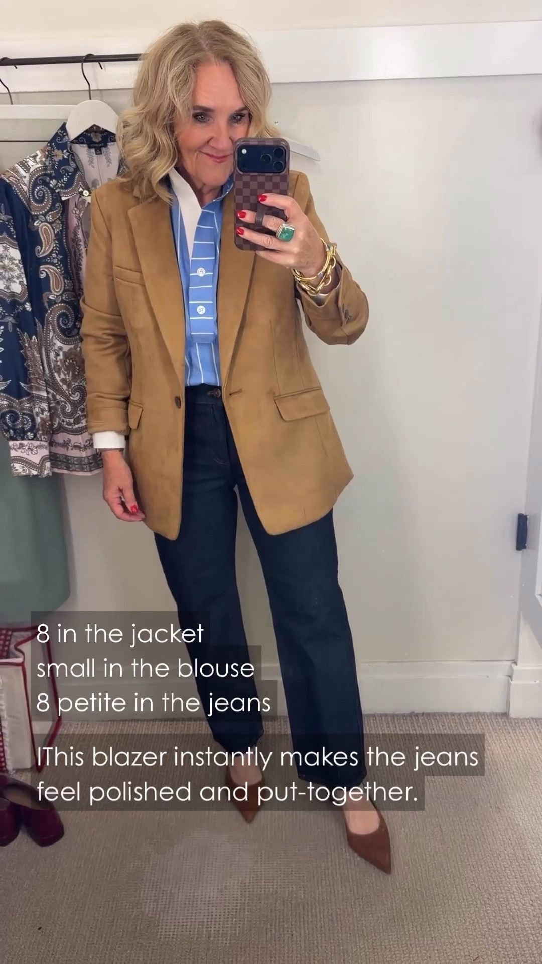 A blazer and jeans combination is hard to beat, especially with this pretty blue blouse underneath. I’m in an 8 in the jacket, small in the blouse, and a petite 8 in the jeans.

#LTKgrwm #LTKdayinmylife #LTKootd