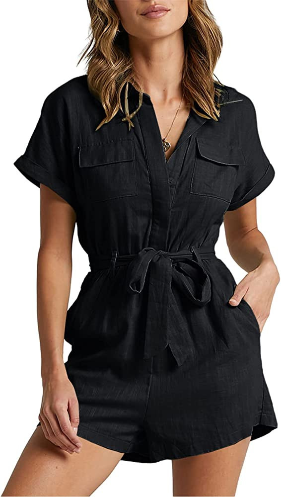 MIRACMODA Women Playsuit Short Sewn Cuffed Sleeves Collared Belted Pocketed Button Up Cotton Romp... | Amazon (US)