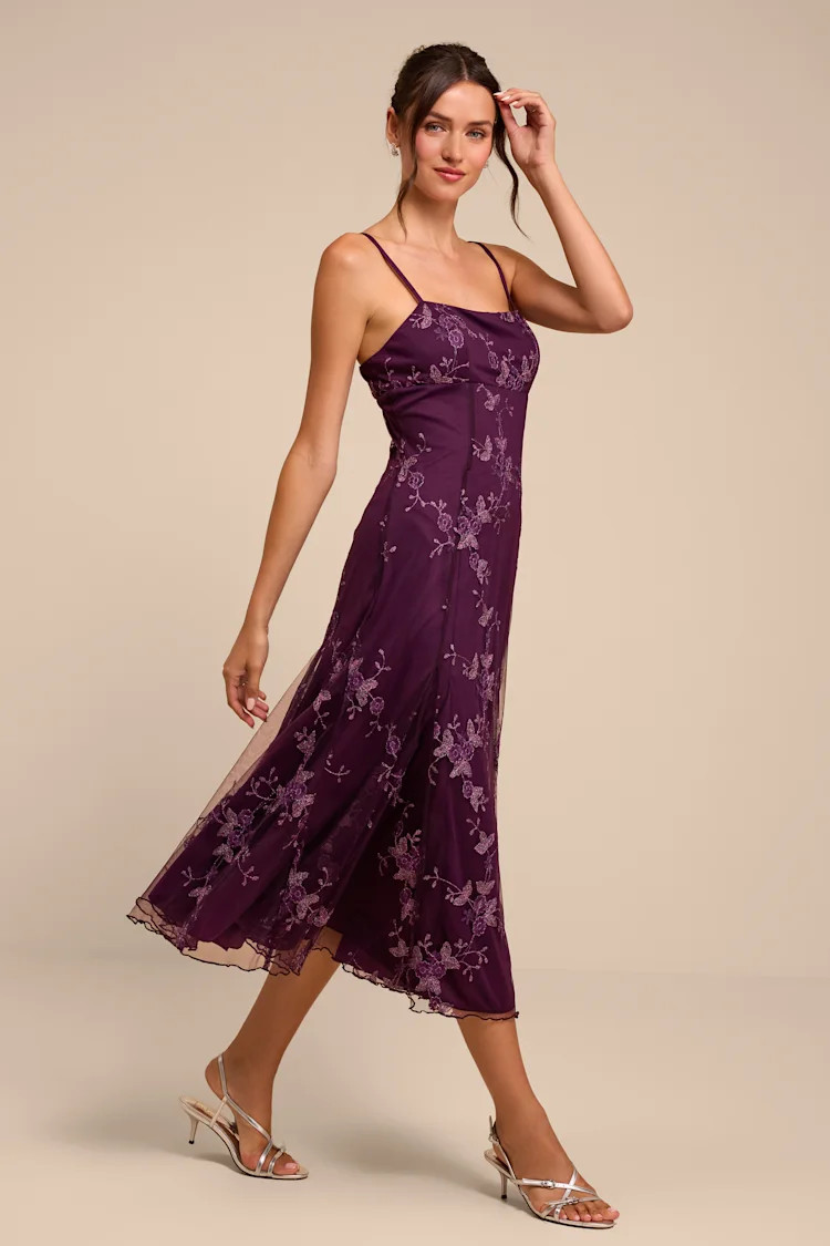 Sandia Plum Floral Embroidered Midi Dress | Lulus