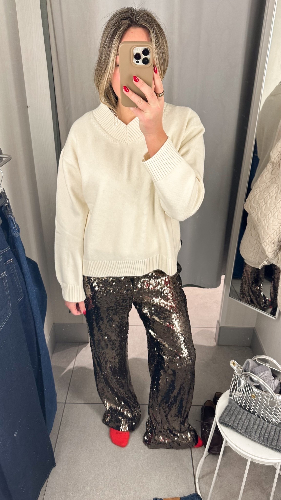 Cozy cream v-neck sweater with brown sequin pants could be a cute and comfortable New Year’s Eve outfit at home! Both are under $40!!  

NYE outfit.

#LTKootd #LTKHoliday #LTKFindsUnder50