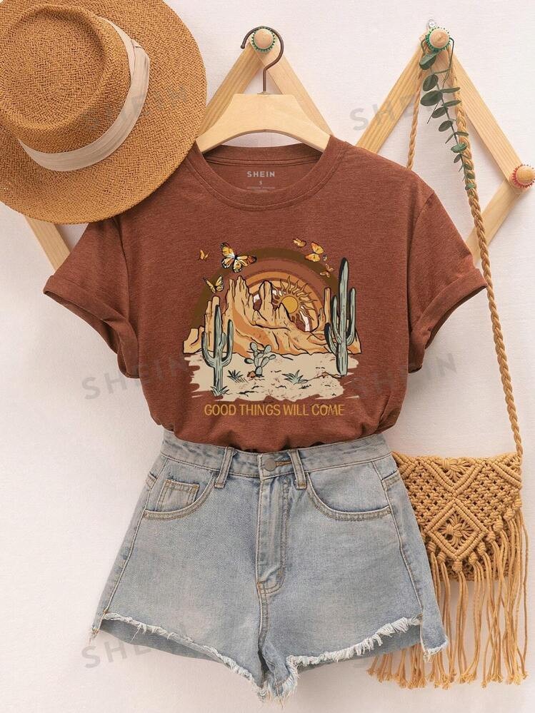 SHEIN Essnce Cactus And Slogan Graphic Tee | SHEIN