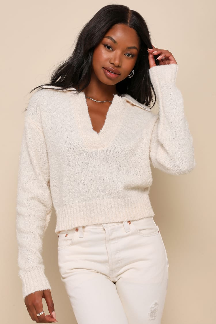 Toasty Vibes Ivory Collared Pullover Sweater Top | Lulus