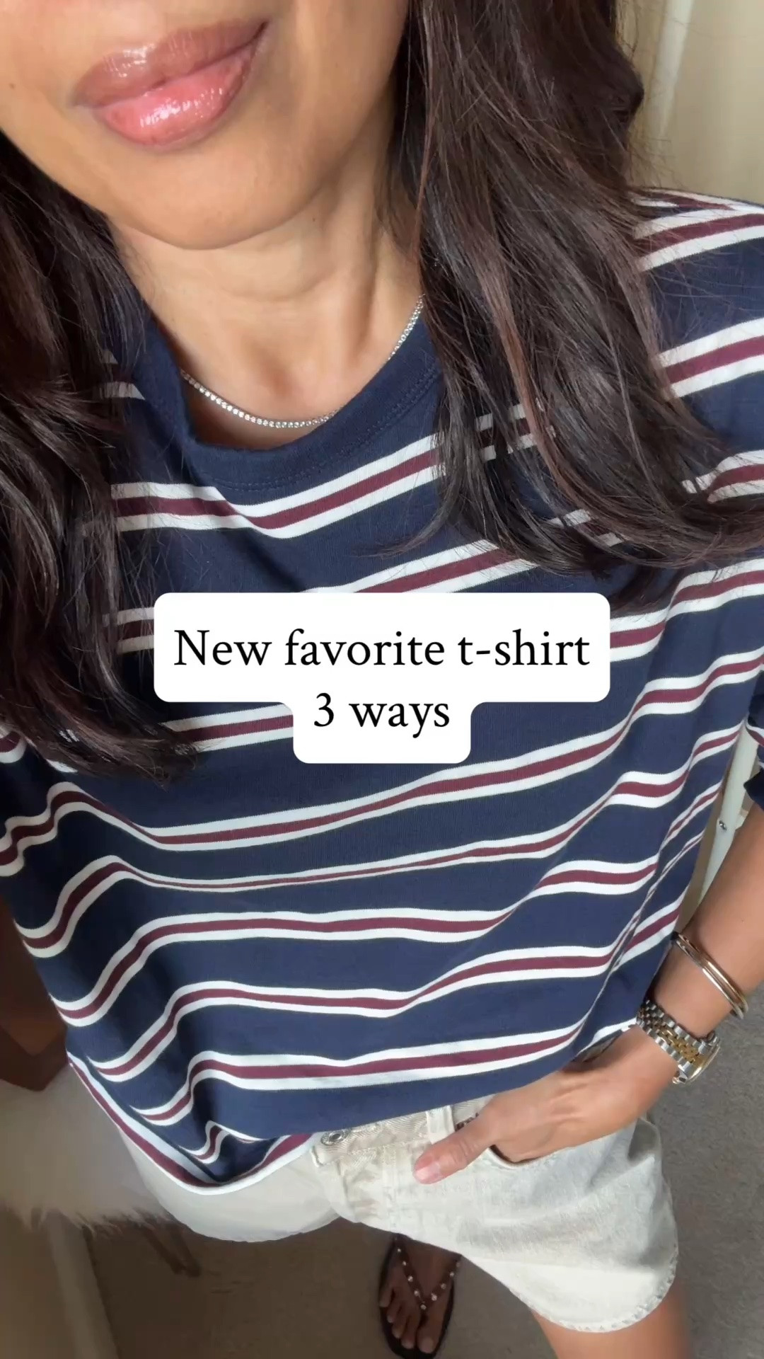 New favorite t-shirt 3 ways. 
- Whether it’s a splurge or a low spend item like this one, always make sure any new additions to your closet can be worn multiple ways. 
- This is an easy mix and match piece that adds interest to my mostly solid wardrobe. 
- I love long sleeve t-shirts before it gets to be true sweatshirt weather. 
- I shared this exact top in white and love it. This navy striped pattern is a good addition to my otherwise solid tops. 
- All cotton, thicker than regular t-shirt material. 
- Cut is great; oversized with dropped shoulders and dolman sleeves. True to size. 
- Shorts: I sized up. 
- Jeans: true to size. 
- Pants: I sized down.

#LTKOver40 #LTKootd