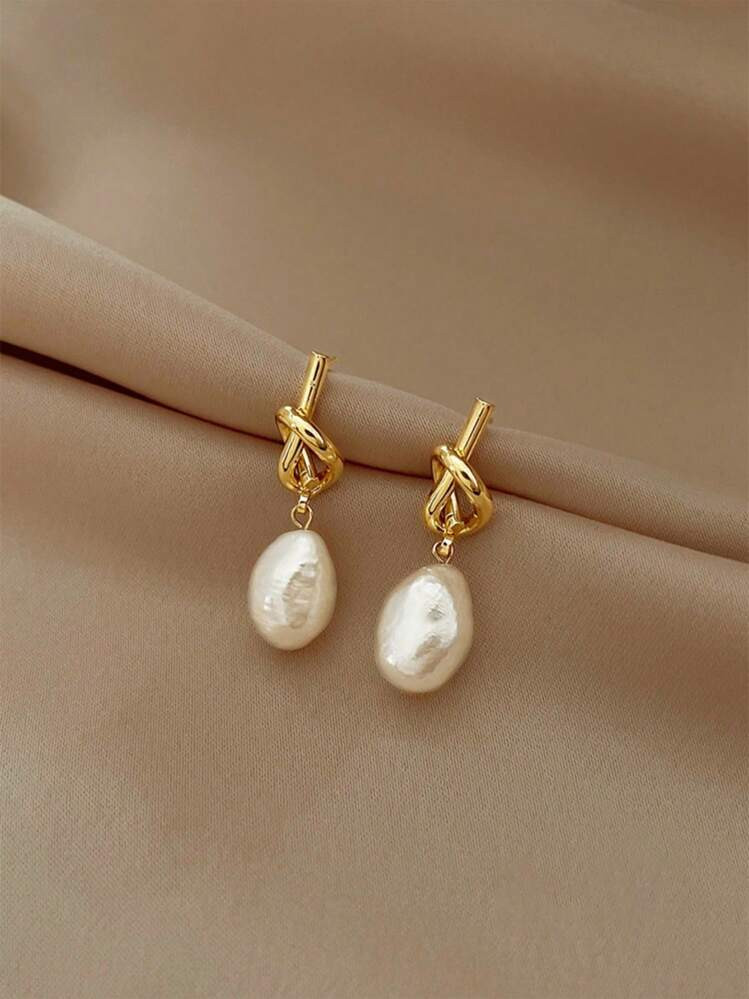 1 Pair Knotted Faux Pearl Dangle Earrings,Vintage And Elegant Knot Shaped Ear Studs Baroque Pearl... | SHEIN