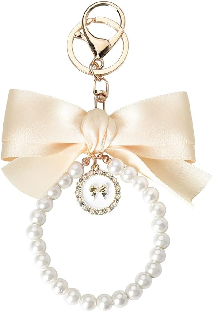 Pearl Bow Keychain Wistlet for Girls Women Bow Pearl Keychains Pink Black Beige | Amazon (US)