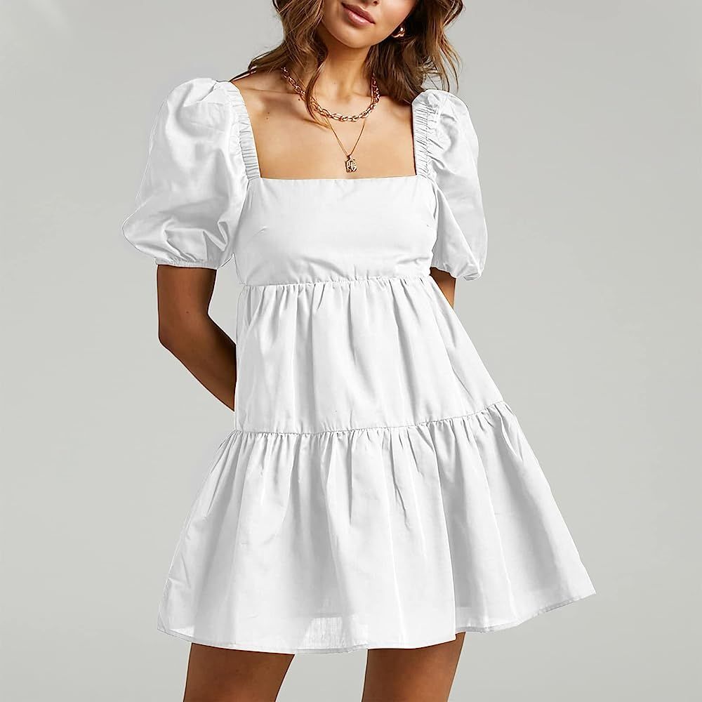 OWNGIGI Women's Summer Dress Square Neck Puffy Short Sleeve Loose Tie Back Casual A-Line Mini Dre... | Amazon (CA)