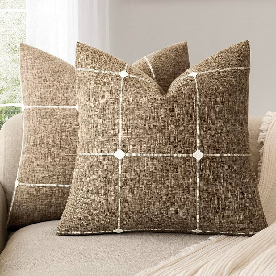 Foindtower Pack of 2 Decorative Faux Linen Jacquard Check Throw Pillow Covers Farmhouse Cushion C... | Amazon (US)