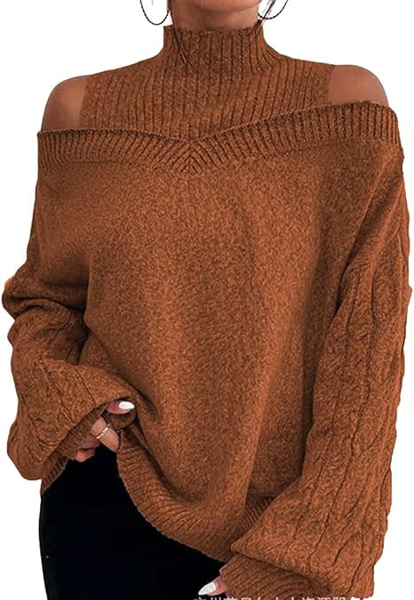 Turtleneck Sweaters for Womens Fall Fashion Casual Off The Shoulder Long Sleeve Solid Knit Pullov... | Amazon (US)