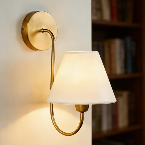 Vintage Single Swoop Wall Sconce with White Linen Shade, Antique Brass Gooseneck Arm Wall Sconce,... | Amazon (US)