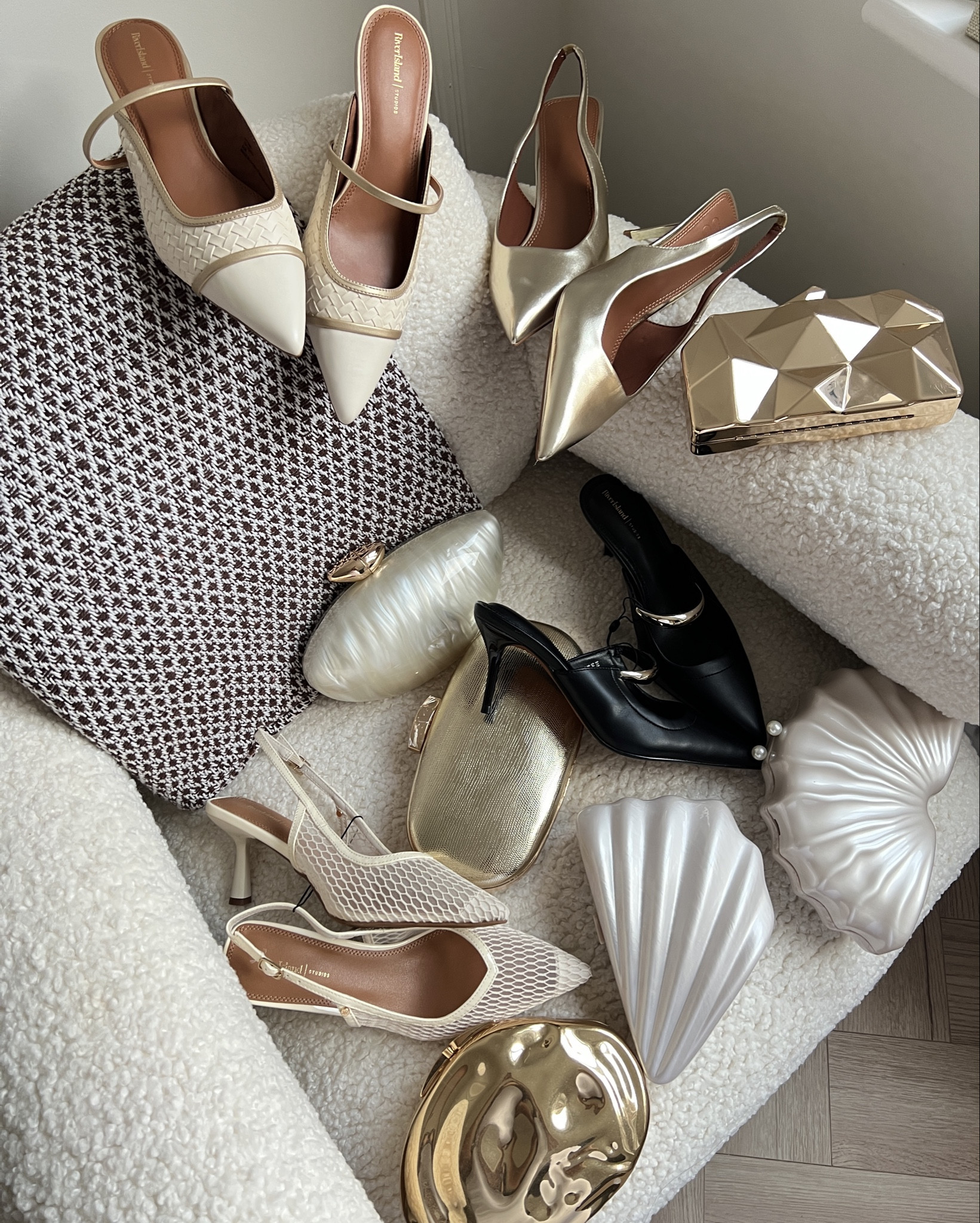 Obsessed with these dreamy heels & statement clutches! Perfect for EID, wedding season, special events, or just elevating any look. Which pair is your fave? ✨ 

the black heels with the gold bare are giving malone souliers ✨

gold slingback heels, cream heels, mesh heels, shell clutch, gold clutch, black heels 
Shop everything now on LTK! #elevatedstyle”

#LTKstyletip #LTKeurope #LTKspring #LTKwedding #LTKshoes