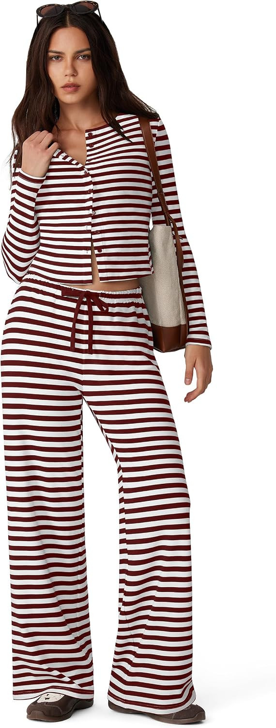 MOOSLOVER Women Long Sleeve 2 Piece Lounge Set Button Up Cardigan Matching Sets Wide Leg Y2K Airport Travel Outfits | Amazon (US)