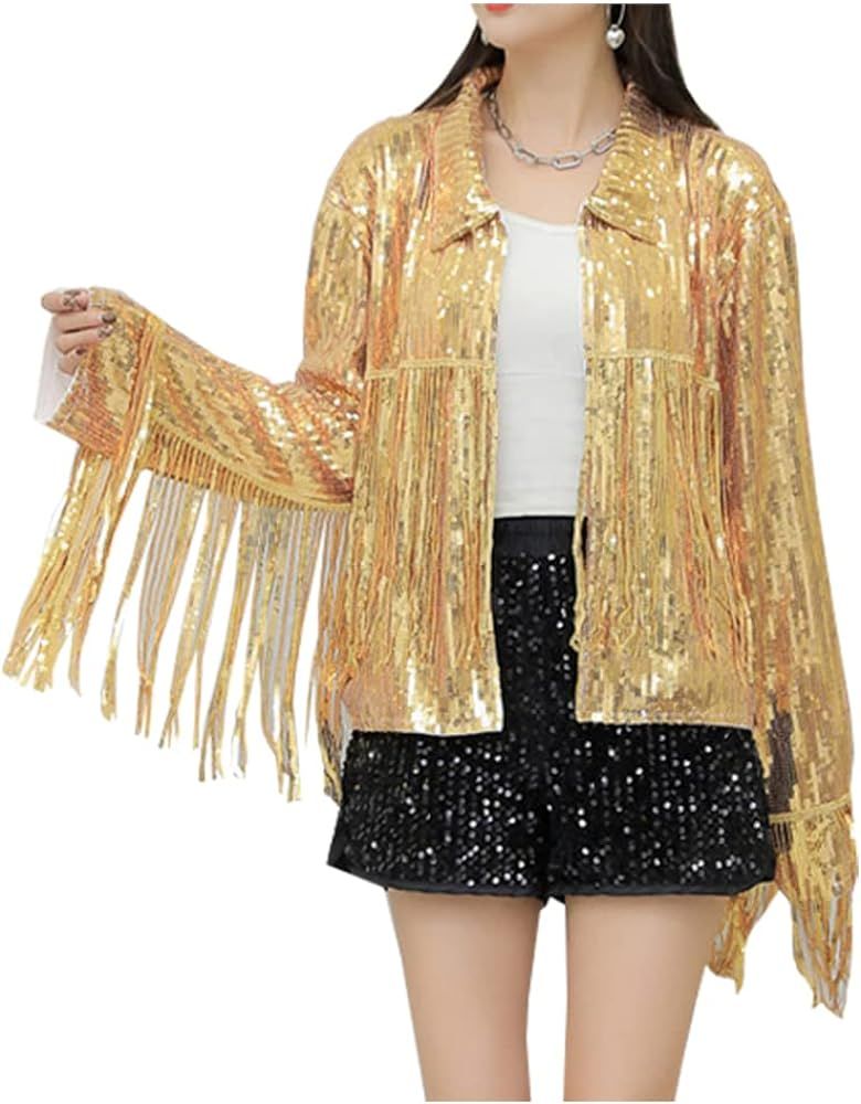 LifeShe Women's Sequin Jacket With Tassel Open Front Cardigan Metallic Shiny Party Clubwear | Amazon (US)