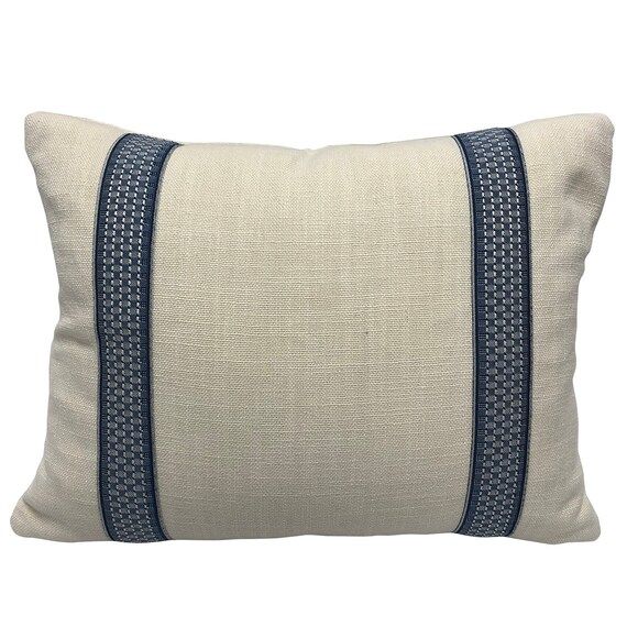 Blue Decorative Banding on Decorative Ivory Linen Rectangular Pillow Cover | Etsy (US)