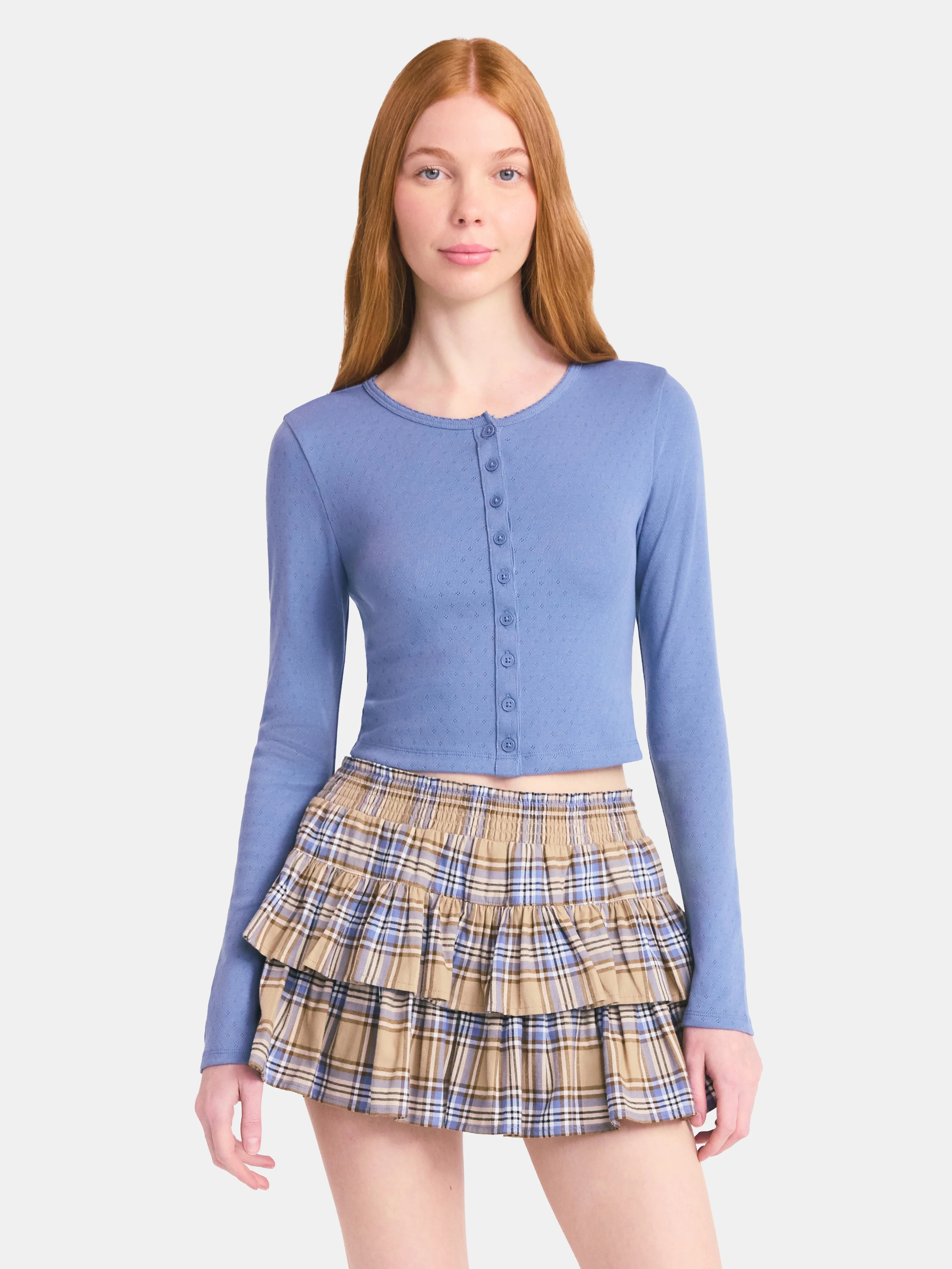 No Boundaries Button-Front Pointelle Cardigan with Long Sleeves, Women's | Walmart (US)