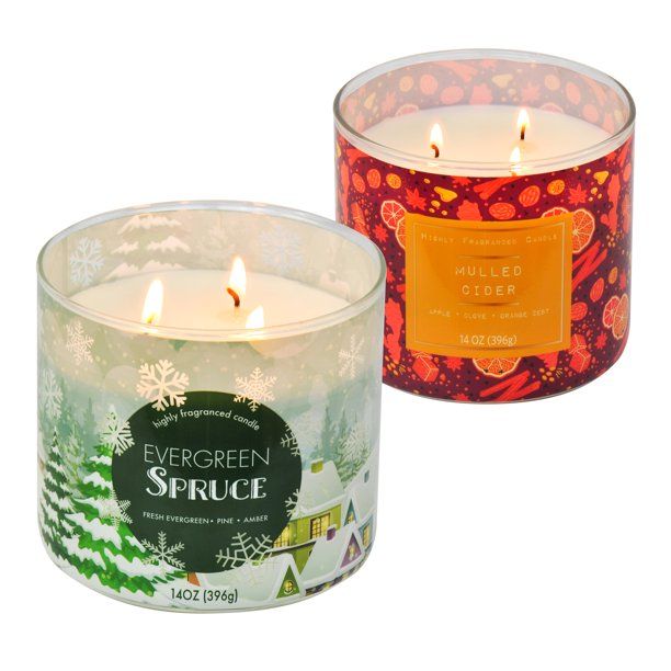 Holiday Time 3-Wick Candle, 14 oz., 2-Pack, Mulled Cider and Evergreen Spruce - Walmart.com | Walmart (US)