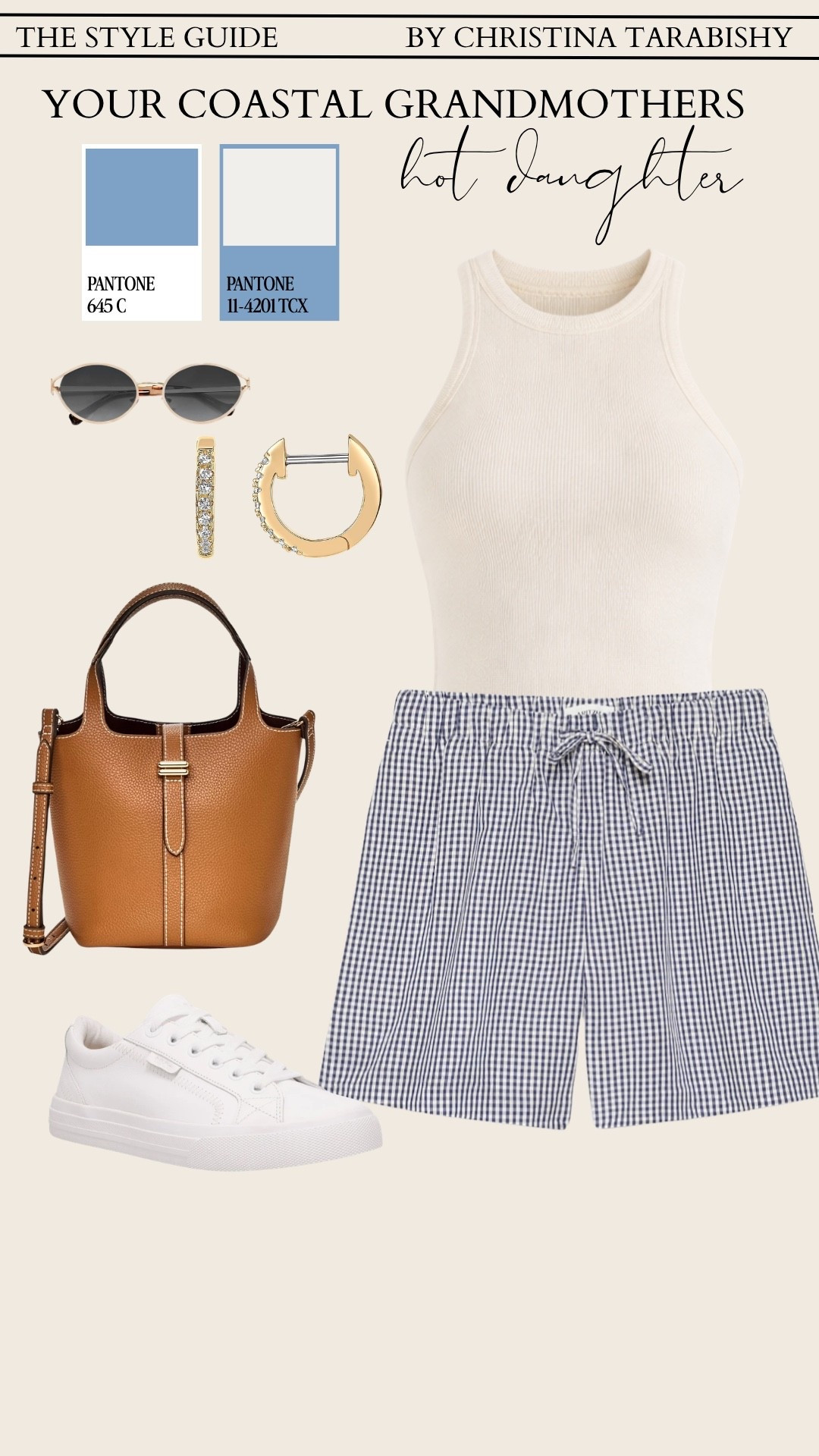 Cream ribbed tank, blue gingham shorts, cognac bucket bag, white sneakers, gold huggie earrings, oval sunglasses.

gingham shorts outfit, spring casual style, sneaker outfit women, coastal spring look, blue and white outfit, weekend outfit ideas, LTK casual, easy spring outfits, summer shorts outfit, cute casual outfits

#LTKootd #LTKOver40 #LTKSeasonal