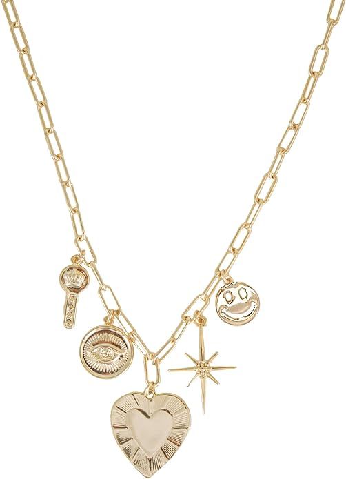 Multiple Charm Necklace in 14k Gold Plate Paperclip Chain is Adjustable with Lover Charms - Heart... | Amazon (US)