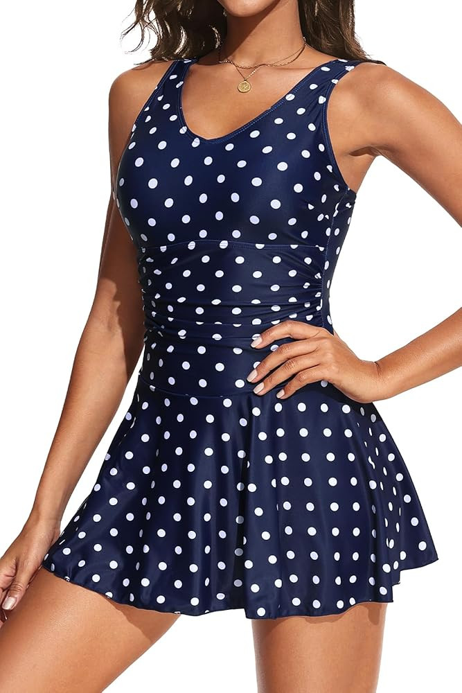 One Piece Swimsuits for Women Modest Tummy Control Swimdress Vintage Bathing Suits Skirt Swimwear | Amazon (US)