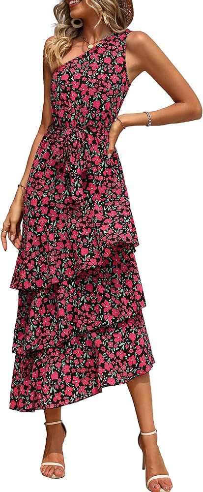 PRETTYGARDEN Womens Summer Floral One Shoulder Tiered Ruffle Flowy Midi Beach Boho Dress | Amazon (US)