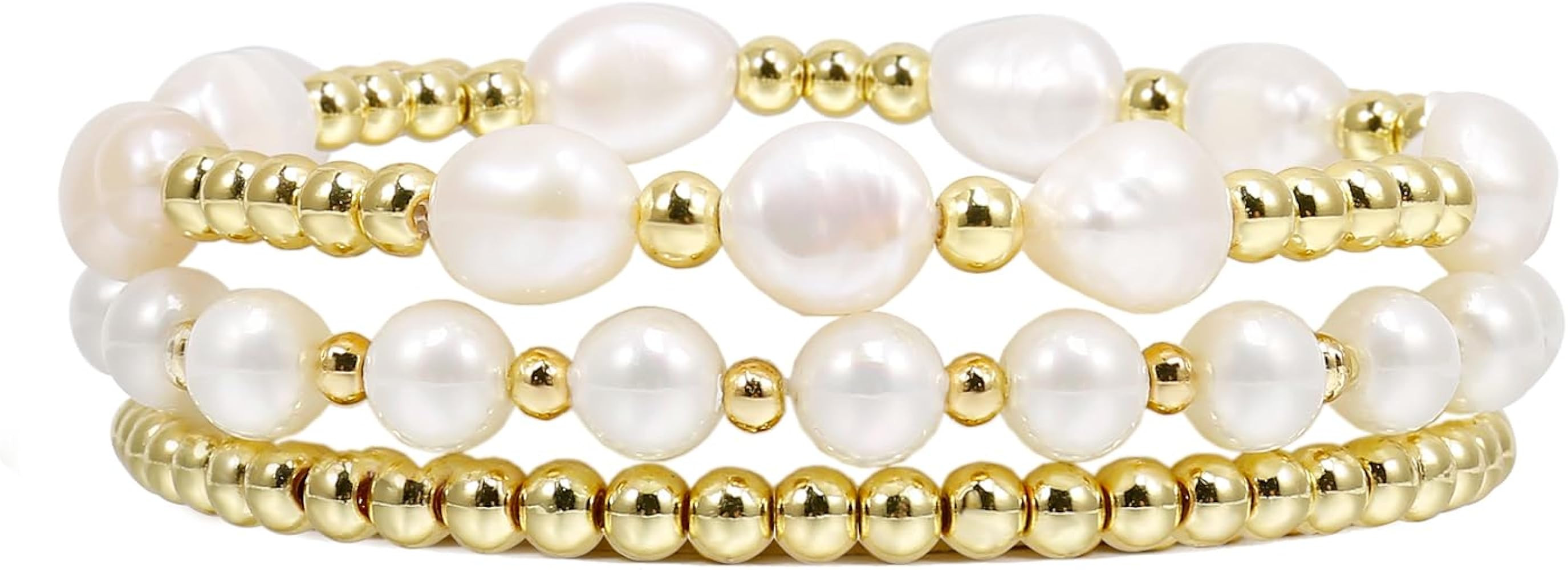 Gold Beaded Bracelets for Women Baroque Pearl Stackable14K Gold Plated Stretch Bead Ball Bracelet... | Amazon (US)