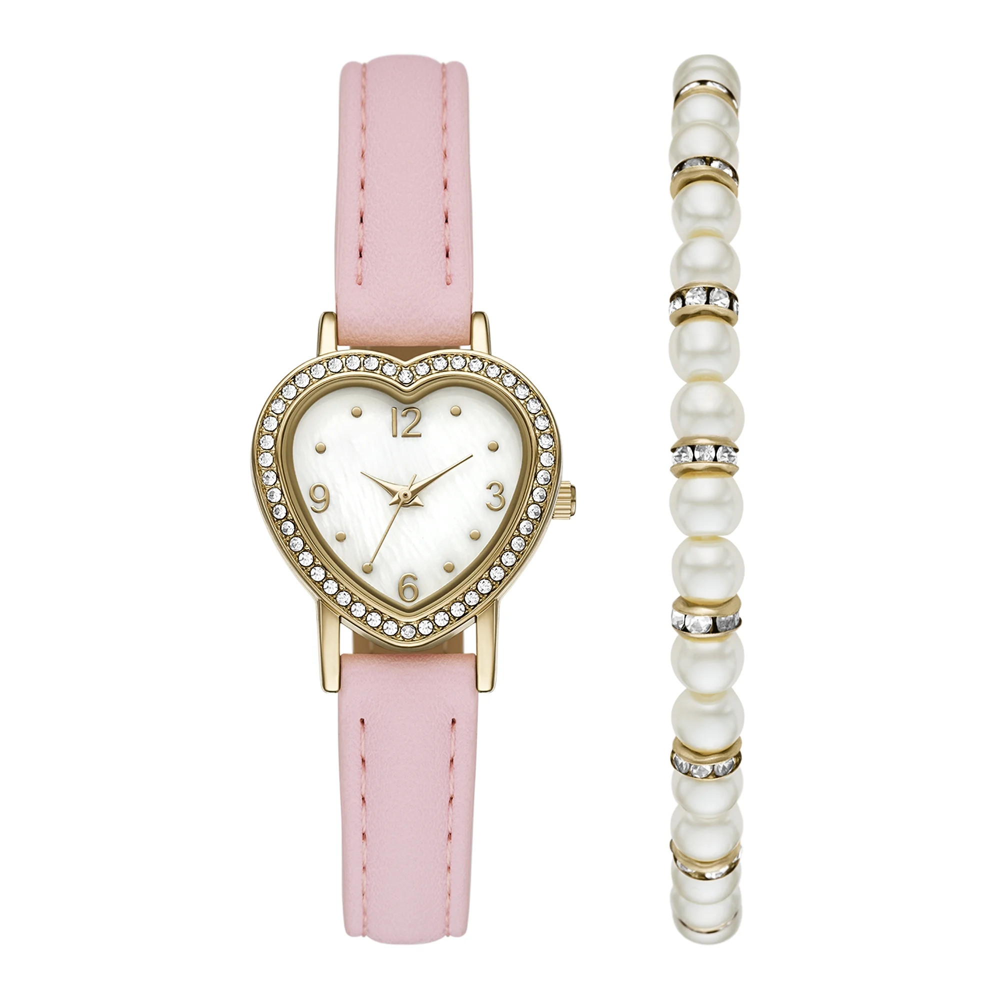 Folio Women’s 2pc Watch & Bracelet Set; 28mm Heart Case, Pink PU Leather Strap, Silver, FMDAL12... | Walmart (US)