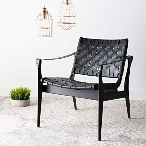 Safavieh Couture Home Dilan Black Leather Weave Safari Accent Chair | Amazon (US)