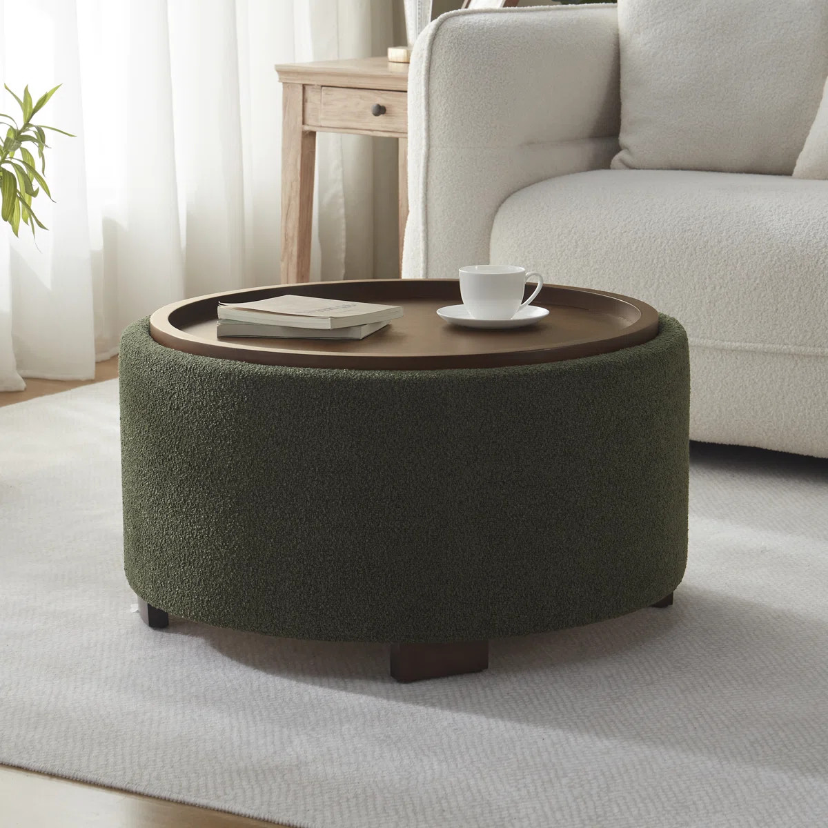 Caysey 30.1" W Upholstered Round Storage Ottoman with Wooden Tray | Wayfair North America