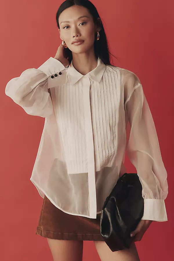 Sheer Cuffed Organza Buttondown Top | Anthropologie (US)