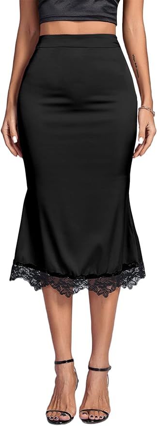 Umenlele Women's Elegant Satin Silky High Waist Lace Trim Bodycon Pencil Bodycon Midi Skirt | Amazon (US)