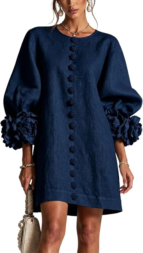 Floral Button-Down Mini Dress with Striking Floral Cuffs Loose Fit Dress | Amazon (US)
