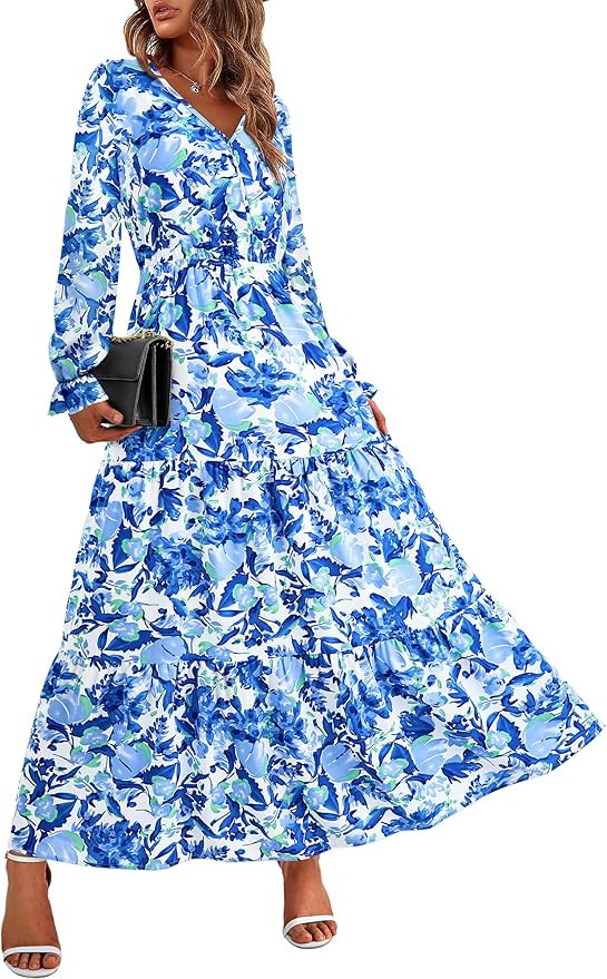 BTFBM Women Spring Dresses 2025 Casual Long Sleeve V Neck Maxi Dresses Floral Boho Long Dress Wed... | Amazon (US)