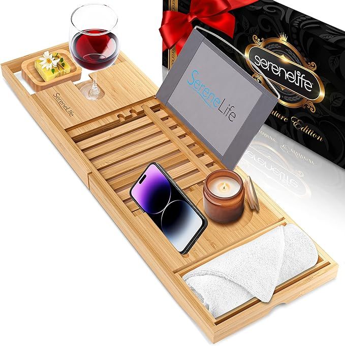 SereneLife Bamboo Bathtub Caddy with Luxury Gift Box and Red Gifting Ribbon Extendable & Adjustab... | Amazon (US)