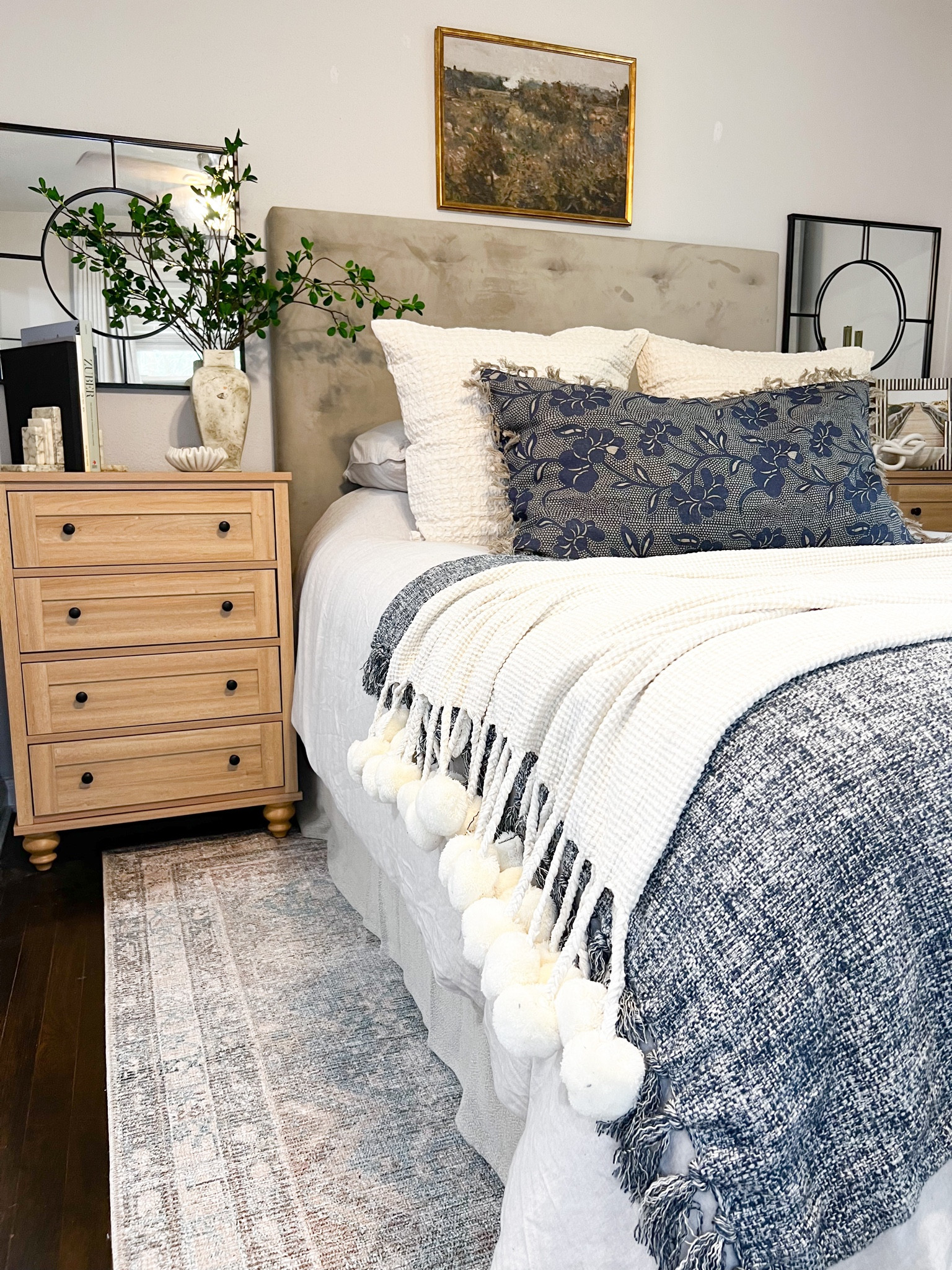 Primary bedroom bedding, rug, nightstands 

#LTKunder100 #LTKhome #LTKsalealert