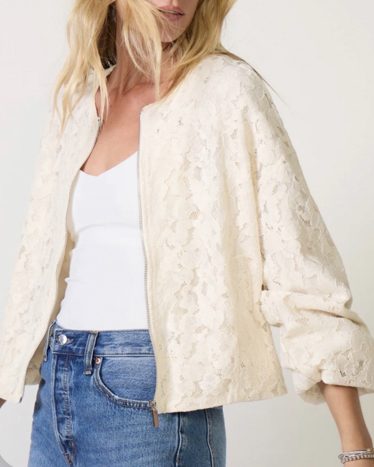 Lace bomber jacket 
Jacket
White jacket 
Jeans

#LTKSeasonal #LTKdayinmylife