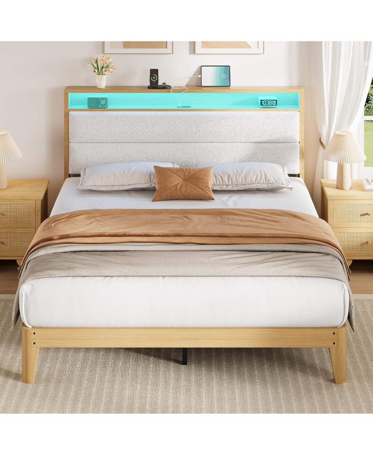 gaomon Bed with Storage Headboard, Boucle Upholstered Platform Bed with Rgb Led Lights & Charging Station - White | Macy's
