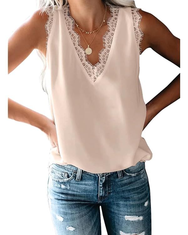 BLENCOT Women Lace Trim Tank Tops V Neck Fashion Casual Sleeveless Blouse Vest Shirts | Amazon (US)
