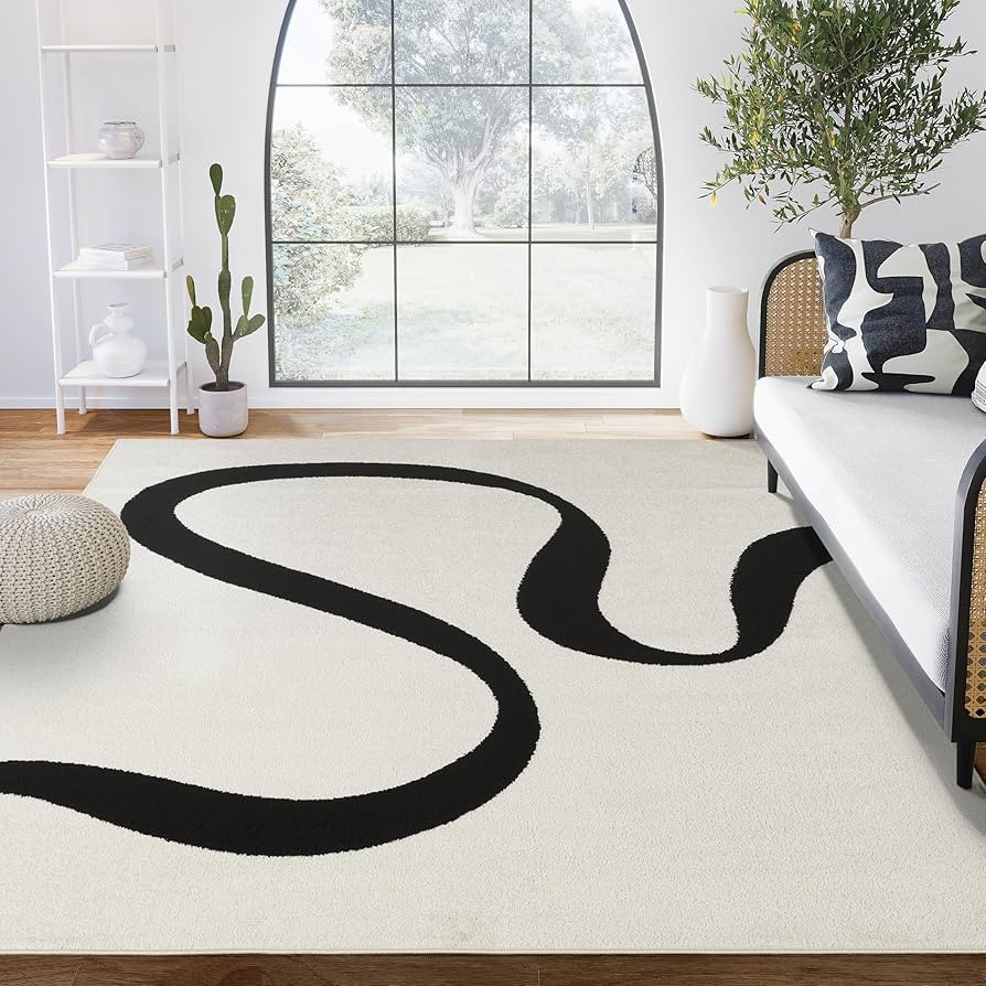 Abani Abstract Beige/Black Area Rug - 4'x6' - Modern Curved Line Design - Deco Collection - Easy ... | Amazon (US)