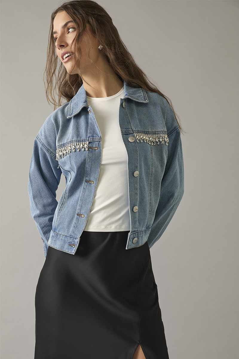 Steff Rhinestone Studded Denim Jacket | Francesca's