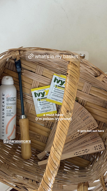 Summer outdoor basket essentials: Solara mineral sunscreen spray, Ivy X poison ivy relief wipes, and a woven fan for hot days outside. This is what I grab before yard work all summer long. 

 #LTKSeasonal #LTKSaleAlert #LTKSwim