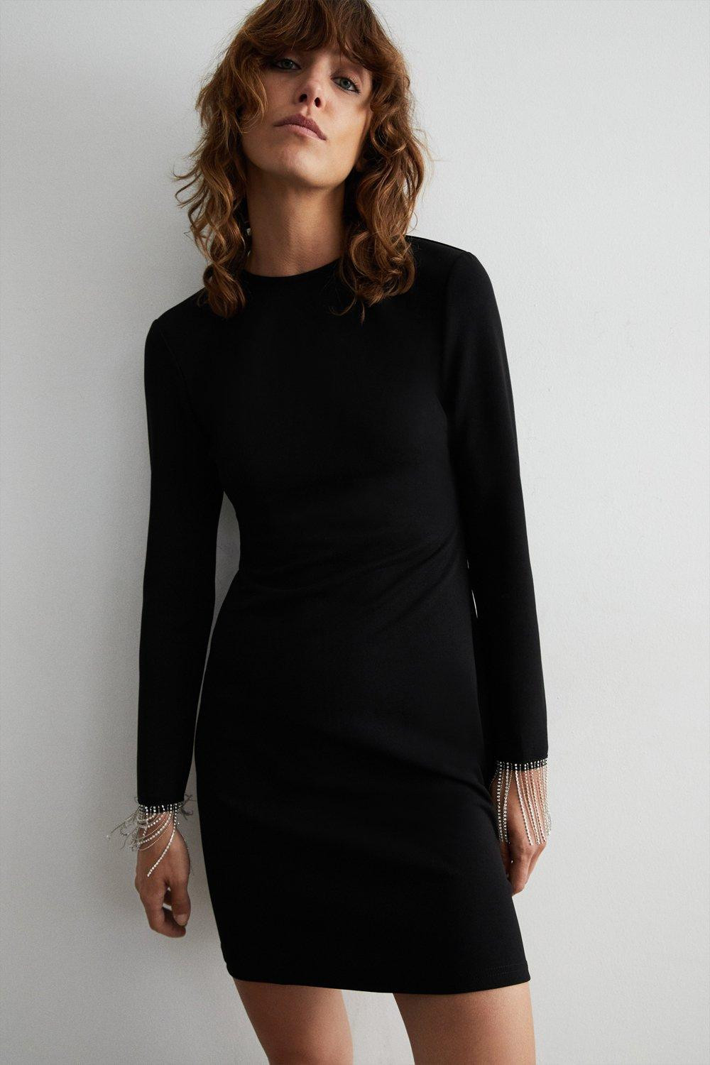 Jersey Crepe Diamante Tassel Trim Mini Dress | Warehouse UK & IE